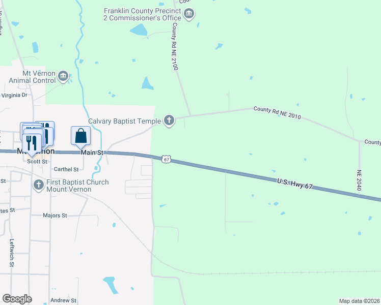 map of restaurants, bars, coffee shops, grocery stores, and more near 237 U.S. 67 in Mount Vernon