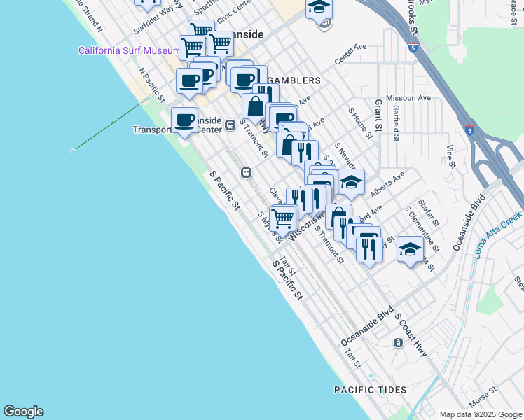map of restaurants, bars, coffee shops, grocery stores, and more near 511 South Cleveland Street in Oceanside