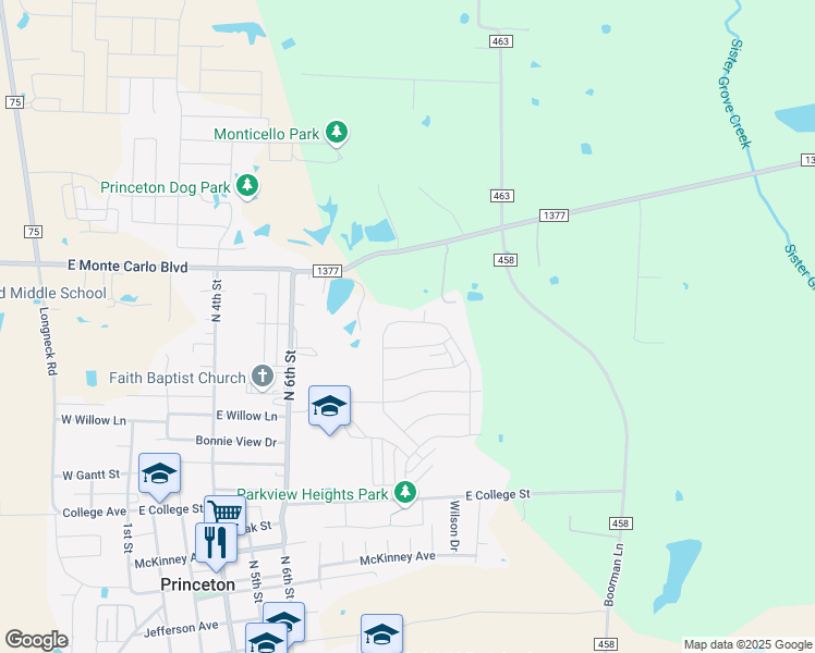 map of restaurants, bars, coffee shops, grocery stores, and more near 839 Farm to Market Road 1377 in Princeton