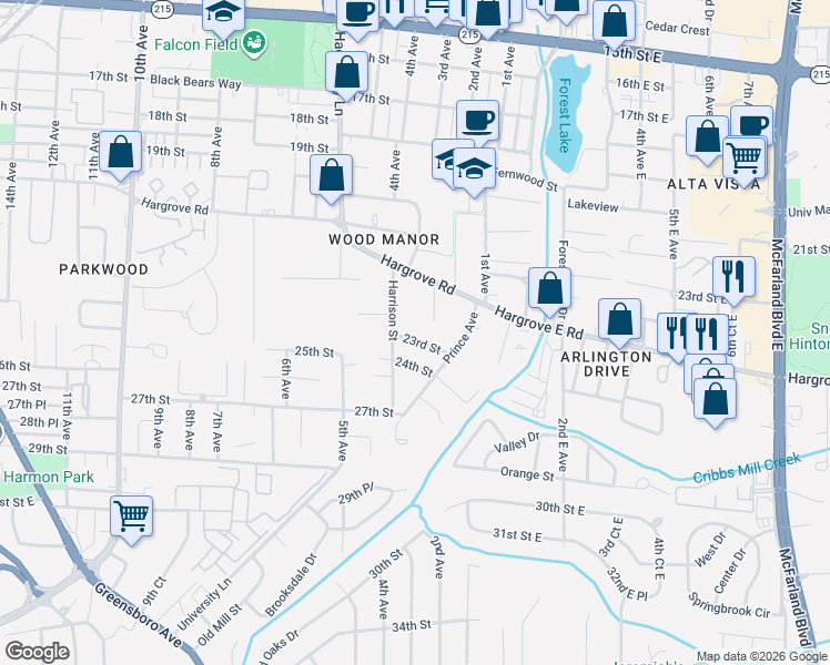 map of restaurants, bars, coffee shops, grocery stores, and more near 9 Hackberry Circle in Tuscaloosa