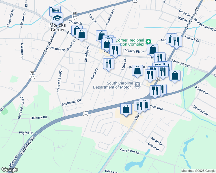 map of restaurants, bars, coffee shops, grocery stores, and more near 1019 Limerick Drive in Moncks Corner
