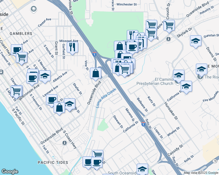 map of restaurants, bars, coffee shops, grocery stores, and more near Parkwood Lane in Oceanside