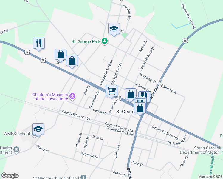 map of restaurants, bars, coffee shops, grocery stores, and more near 301 Horne Street in Saint George