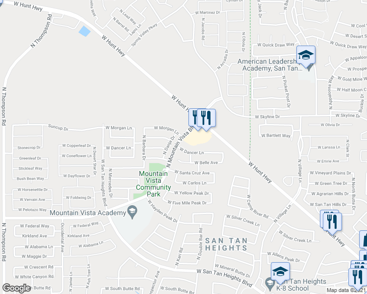 map of restaurants, bars, coffee shops, grocery stores, and more near 3274 West Dancer Lane in Queen Creek