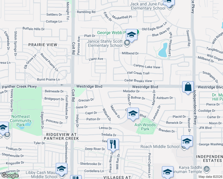 map of restaurants, bars, coffee shops, grocery stores, and more near 10602 Westridge Boulevard in McKinney