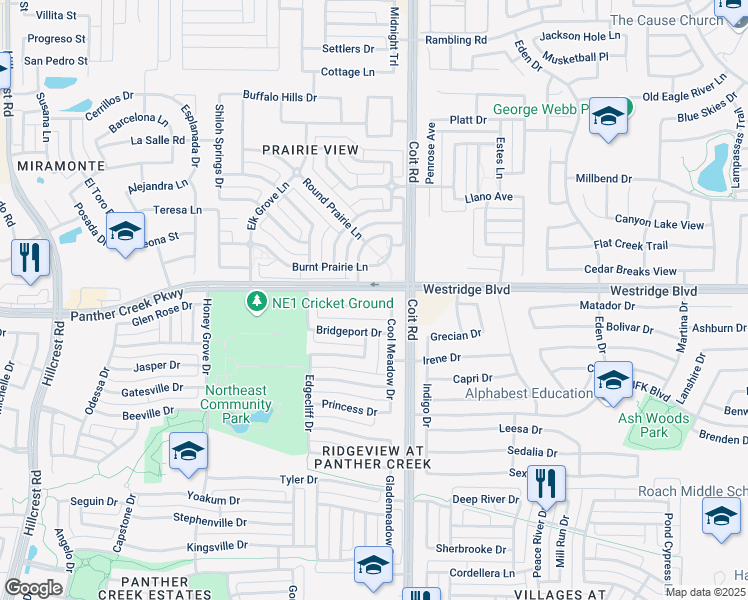 map of restaurants, bars, coffee shops, grocery stores, and more near 12506 Belmeade Drive in Frisco