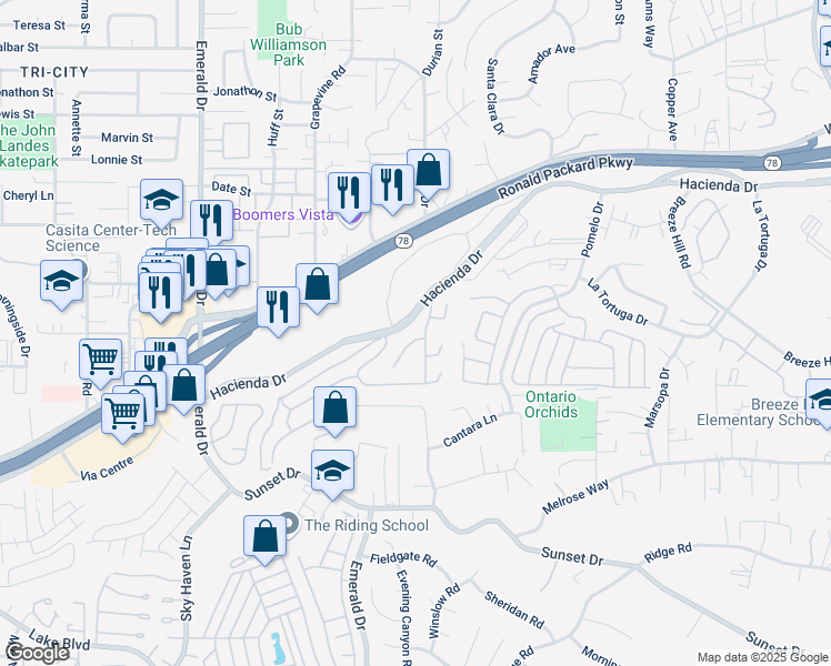 map of restaurants, bars, coffee shops, grocery stores, and more near 1605 Magnolia Circle in Vista