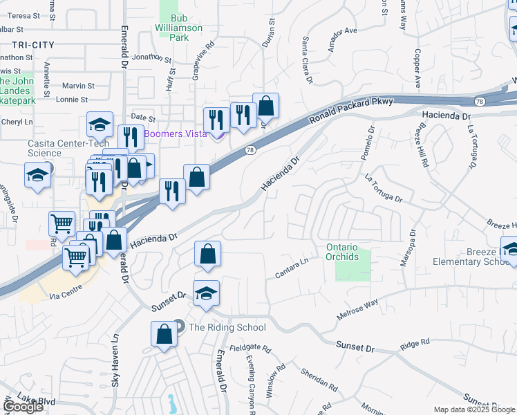 map of restaurants, bars, coffee shops, grocery stores, and more near 1605 Magnolia Circle in Vista