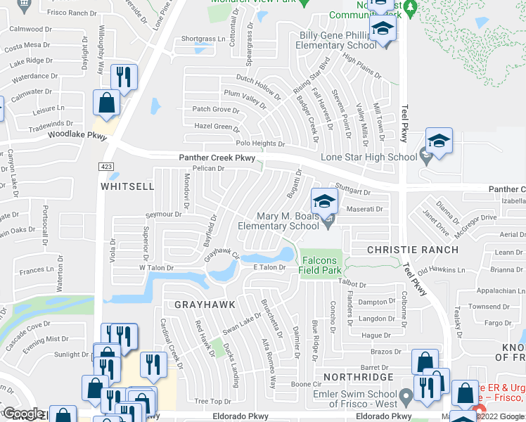 map of restaurants, bars, coffee shops, grocery stores, and more near 13275 Bavarian Drive in Frisco