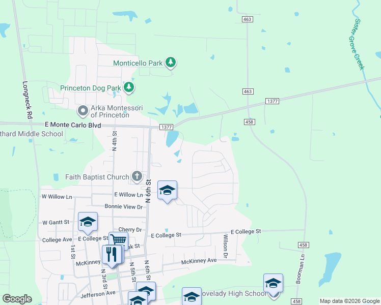 map of restaurants, bars, coffee shops, grocery stores, and more near 839 Farm to Market Road 1377 in Princeton