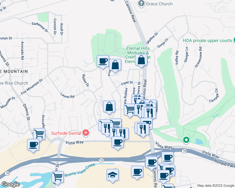 map of restaurants, bars, coffee shops, grocery stores, and more near 2139 Via Esmarca in Oceanside