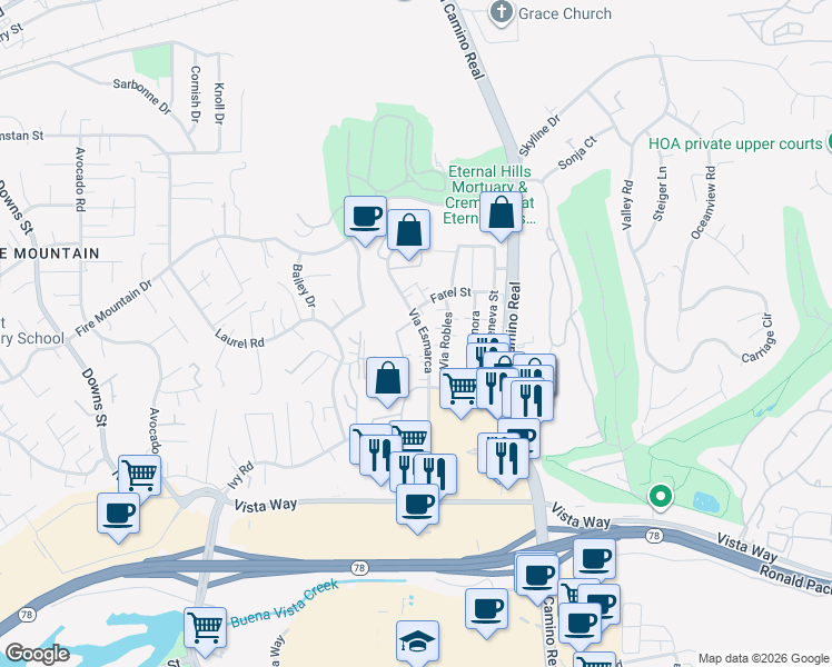 map of restaurants, bars, coffee shops, grocery stores, and more near 2139 Via Esmarca in Oceanside