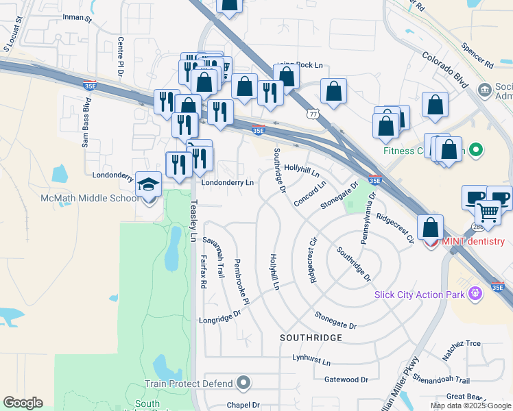 map of restaurants, bars, coffee shops, grocery stores, and more near 900 Londonderry Lane in Denton
