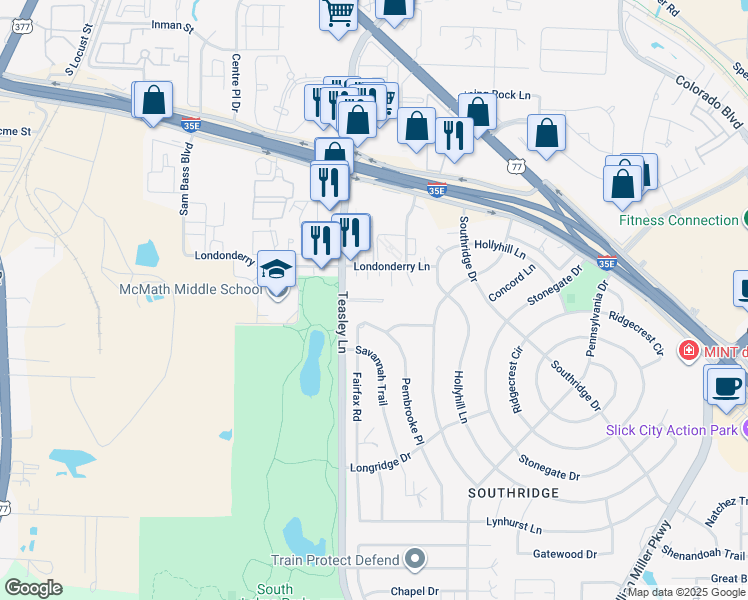 map of restaurants, bars, coffee shops, grocery stores, and more near 2001 Teasley Lane in Denton