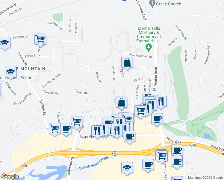 map of restaurants, bars, coffee shops, grocery stores, and more near 1957 Outrigger Way in Oceanside