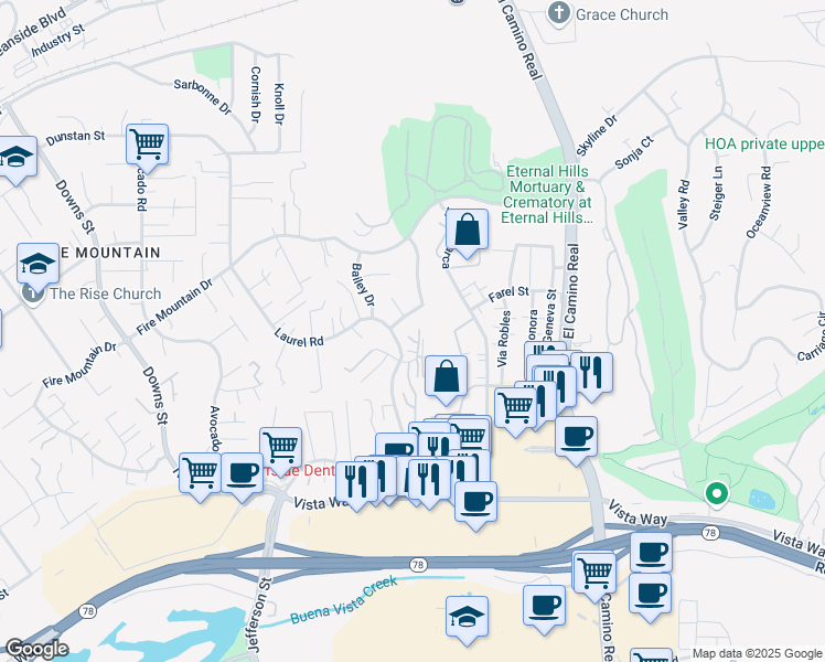 map of restaurants, bars, coffee shops, grocery stores, and more near 1957 Outrigger Way in Oceanside