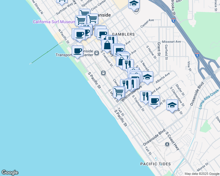 map of restaurants, bars, coffee shops, grocery stores, and more near 519 South Myers Street in Oceanside