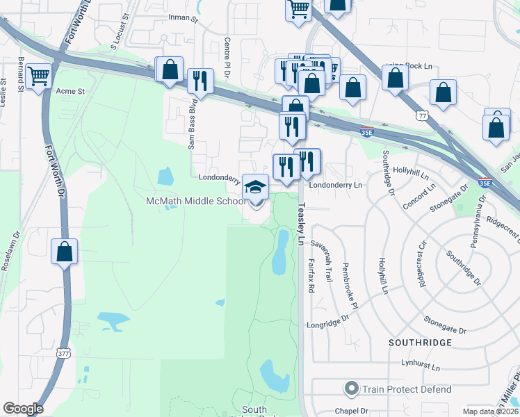 map of restaurants, bars, coffee shops, grocery stores, and more near 1900 Jason Drive in Denton
