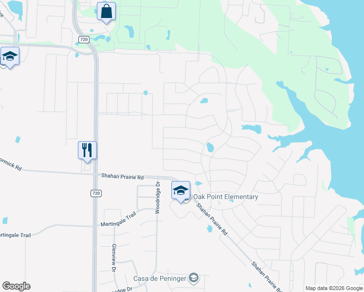 map of restaurants, bars, coffee shops, grocery stores, and more near 9512 Leisure Pace Lane in Oak Point