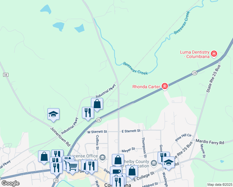 map of restaurants, bars, coffee shops, grocery stores, and more near 117 Chelsea Road in Columbiana