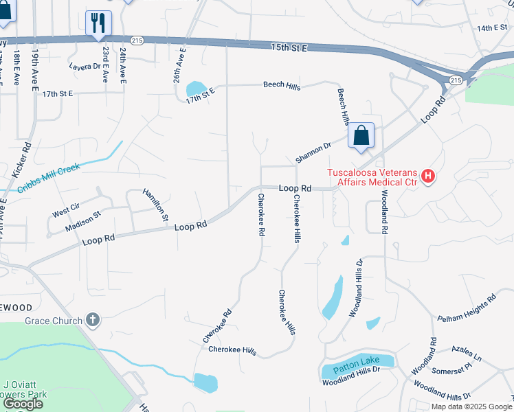 map of restaurants, bars, coffee shops, grocery stores, and more near 12 Cherokee Road in Tuscaloosa