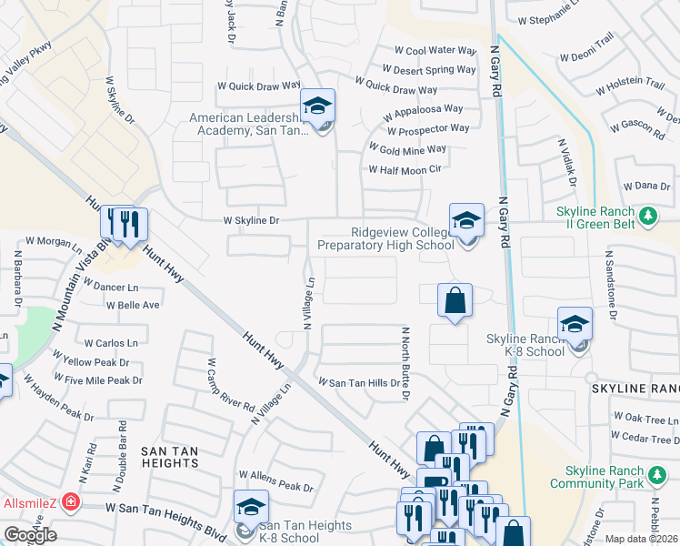 map of restaurants, bars, coffee shops, grocery stores, and more near 2176 West Larissa Lane in Queen Creek
