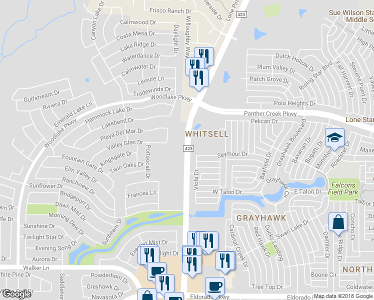 map of restaurants, bars, coffee shops, grocery stores, and more near 11535 Farm to Market Road 423 in Frisco
