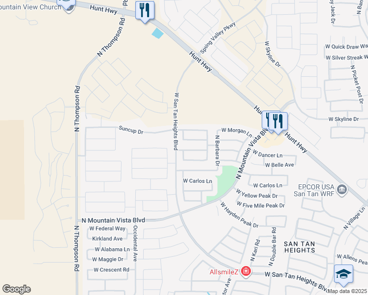 map of restaurants, bars, coffee shops, grocery stores, and more near 3859 West Naomi Lane in San Tan Valley