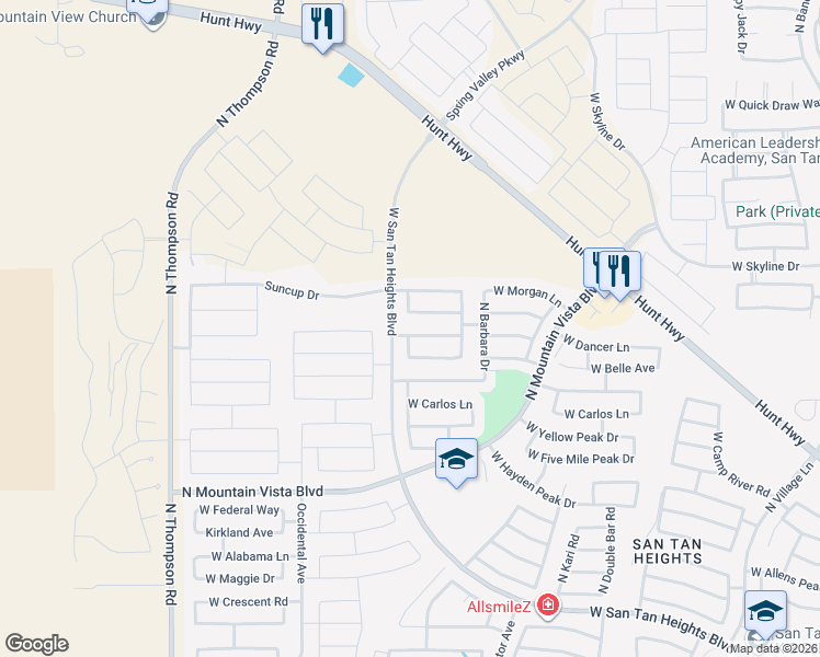 map of restaurants, bars, coffee shops, grocery stores, and more near 3872 West Dancer Lane in Queen Creek