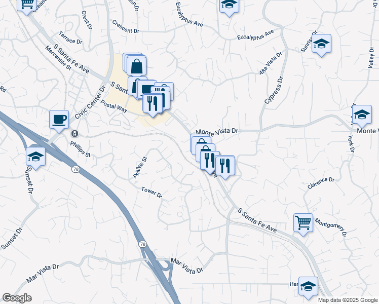 map of restaurants, bars, coffee shops, grocery stores, and more near 1264 Jessie Lane in Vista
