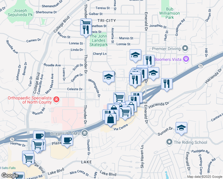 map of restaurants, bars, coffee shops, grocery stores, and more near 210 Cedar Road in Vista