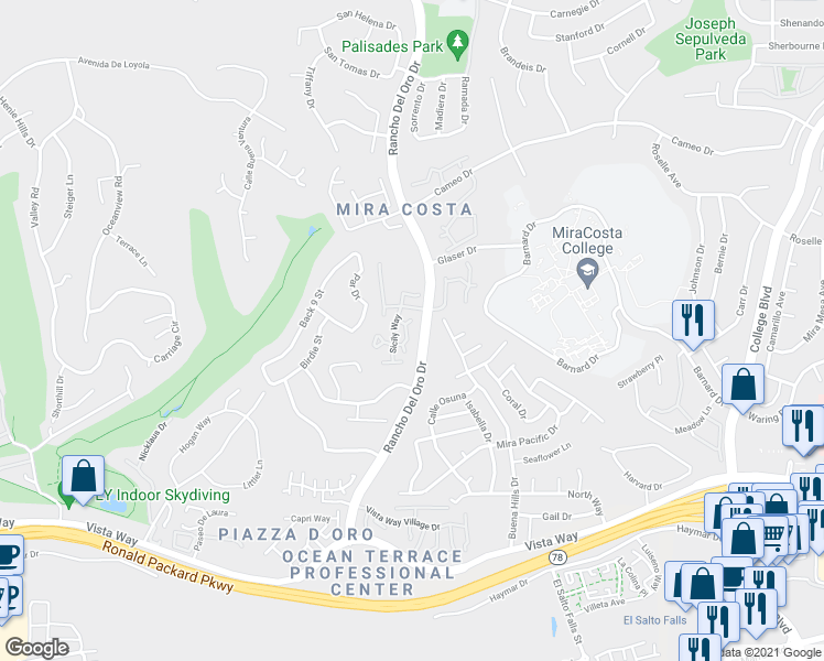 map of restaurants, bars, coffee shops, grocery stores, and more near 3355 Genoa Way in Oceanside