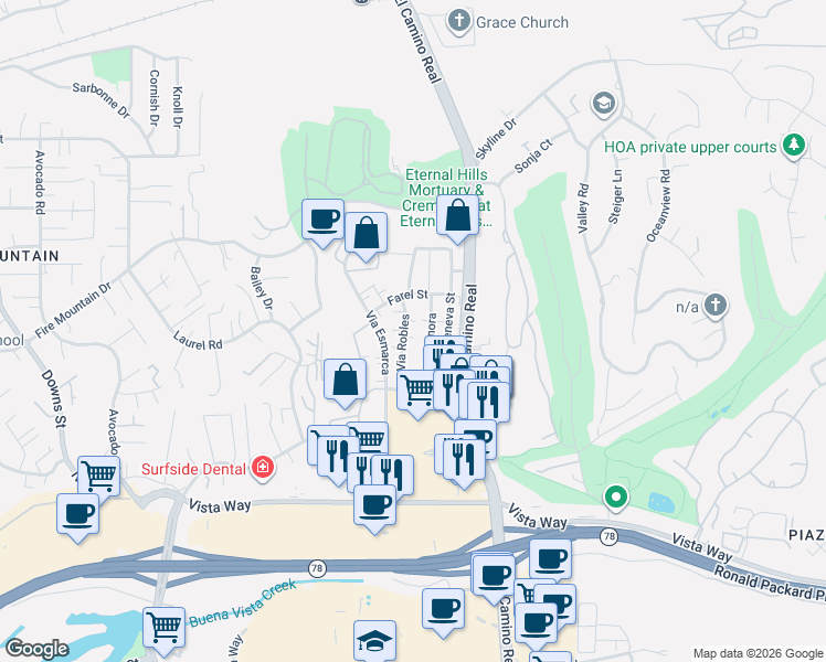 map of restaurants, bars, coffee shops, grocery stores, and more near 2125 Via Sonora in Oceanside