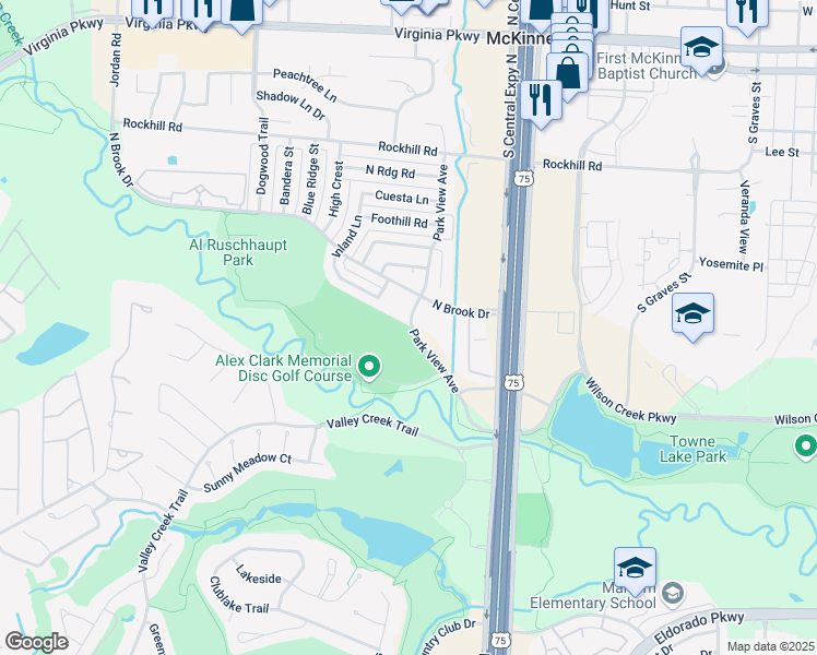 map of restaurants, bars, coffee shops, grocery stores, and more near 1902 Park View Avenue in McKinney