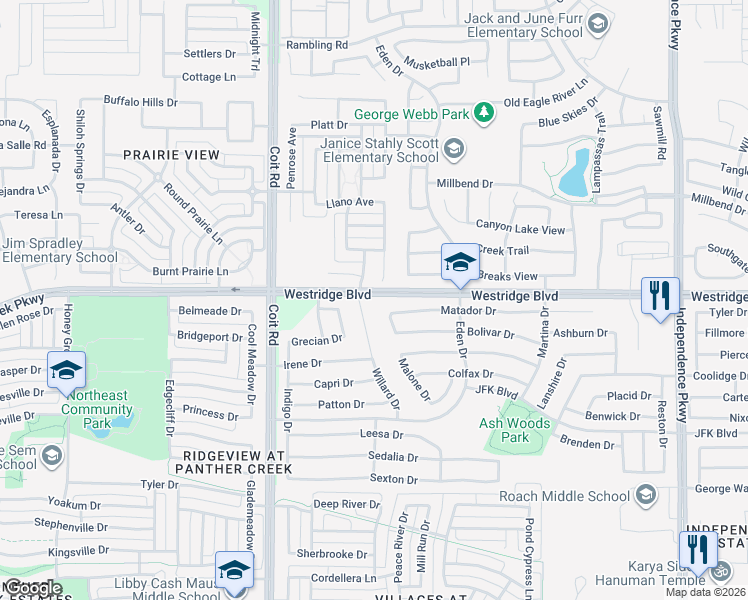 map of restaurants, bars, coffee shops, grocery stores, and more near 10651 Westridge Boulevard in McKinney
