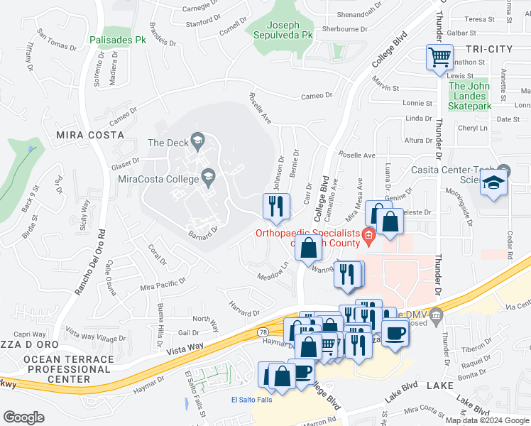 map of restaurants, bars, coffee shops, grocery stores, and more near 3909 Brown Street in Oceanside
