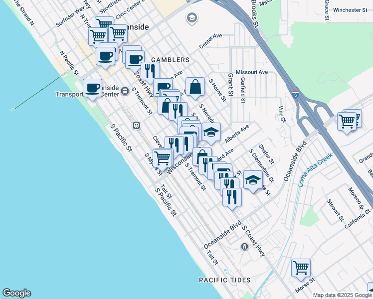 map of restaurants, bars, coffee shops, grocery stores, and more near in Oceanside