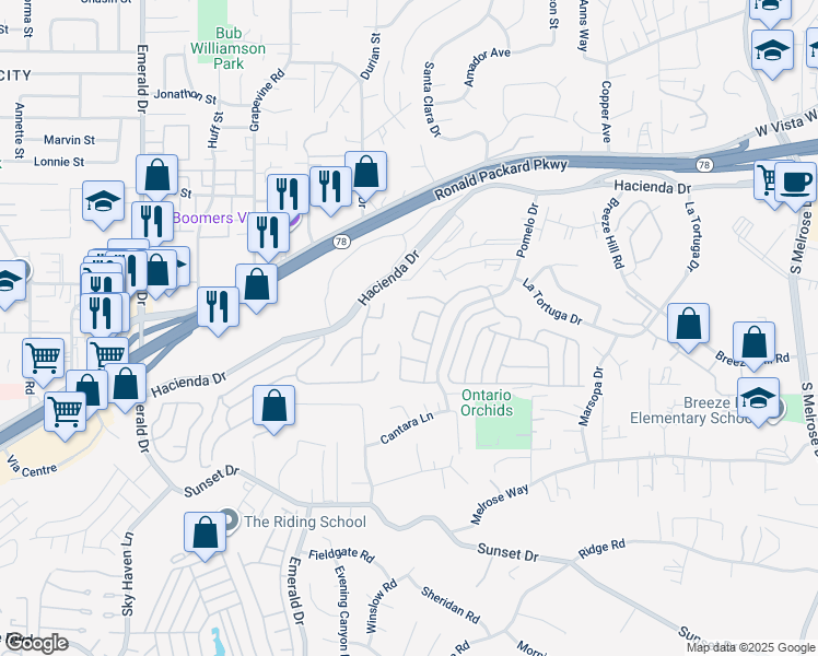 map of restaurants, bars, coffee shops, grocery stores, and more near 1253 Capistrano Lane in Vista