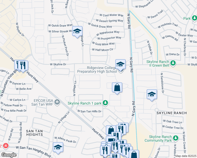 map of restaurants, bars, coffee shops, grocery stores, and more near 34121 North Clark Street in Queen Creek