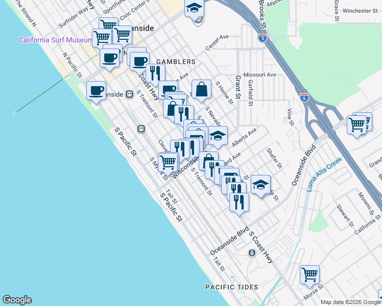 map of restaurants, bars, coffee shops, grocery stores, and more near 619 South Coast Highway in Oceanside