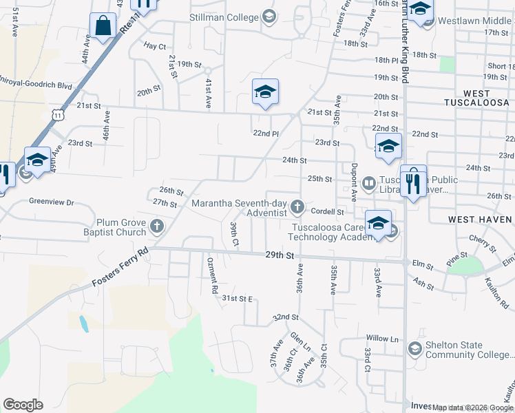 map of restaurants, bars, coffee shops, grocery stores, and more near 3825 26th Street in Tuscaloosa