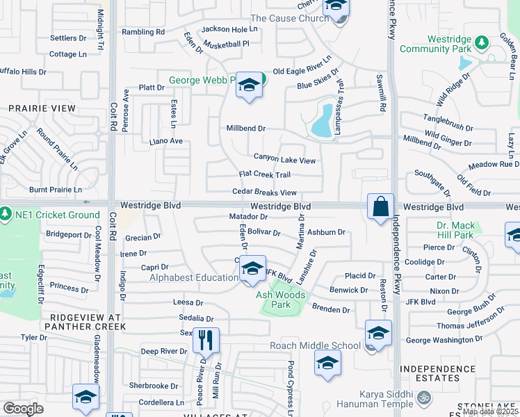 map of restaurants, bars, coffee shops, grocery stores, and more near 10438 Westridge Boulevard in McKinney