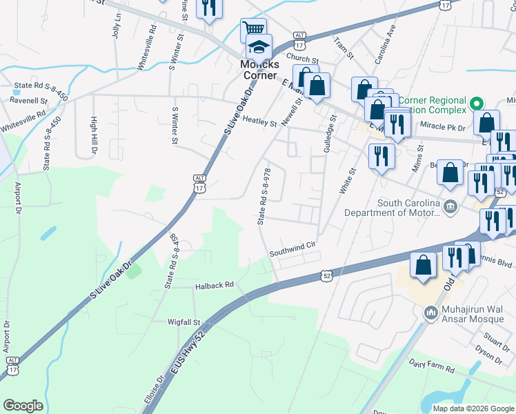 map of restaurants, bars, coffee shops, grocery stores, and more near 119 State Road S-8-978 in Moncks Corner