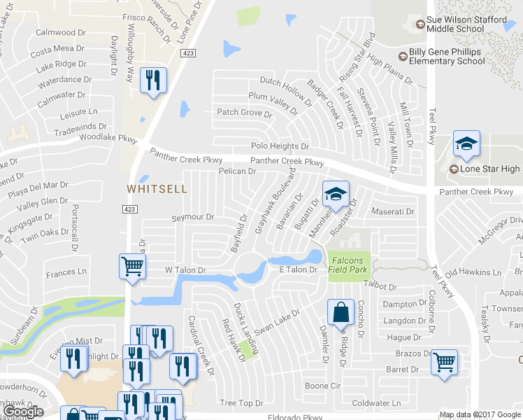 map of restaurants, bars, coffee shops, grocery stores, and more near 13305 Grayhawk Blvd in Frisco