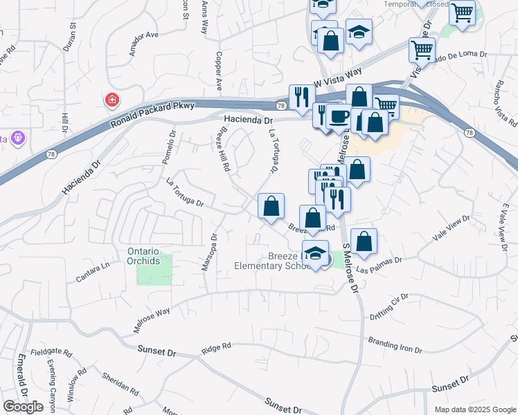 map of restaurants, bars, coffee shops, grocery stores, and more near 750 Breeze Hill Road in Vista