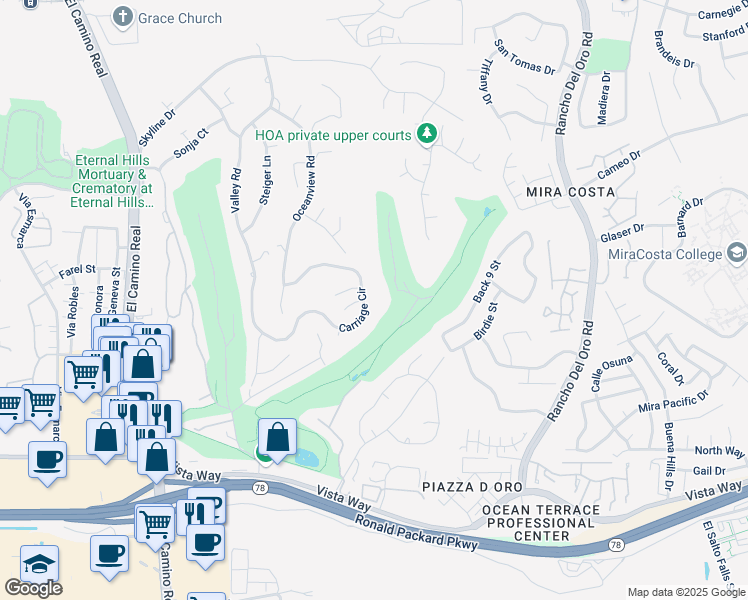 map of restaurants, bars, coffee shops, grocery stores, and more near 2401 Carriage Circle in Oceanside