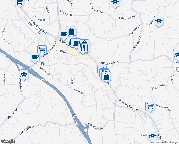 map of restaurants, bars, coffee shops, grocery stores, and more near 1264 Jessie Lane in Vista