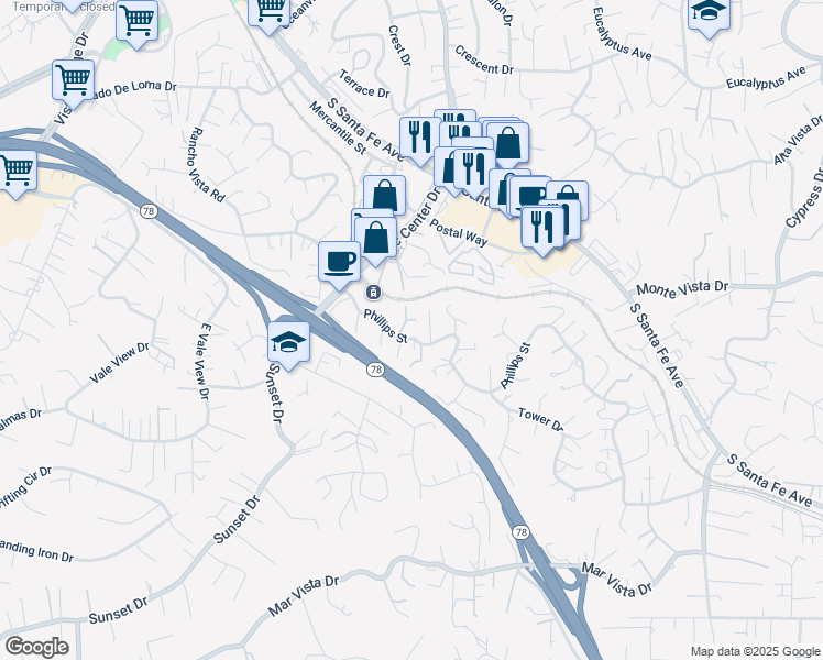 map of restaurants, bars, coffee shops, grocery stores, and more near 900 Phillips Street in Vista