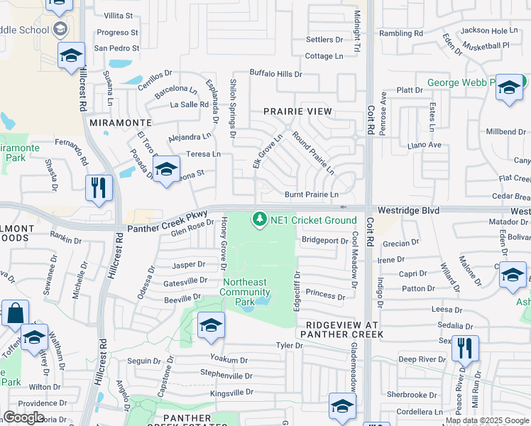 map of restaurants, bars, coffee shops, grocery stores, and more near 9435 Panther Creek Parkway in Frisco