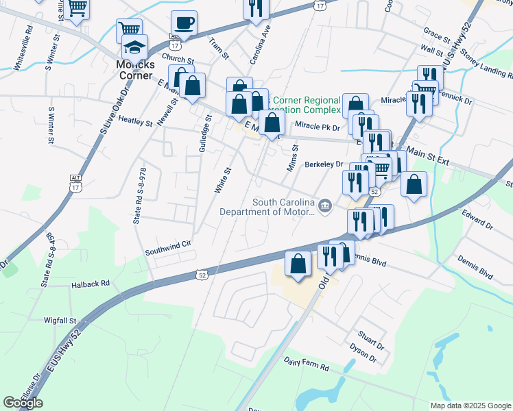 map of restaurants, bars, coffee shops, grocery stores, and more near 1019 Limerick Drive in Moncks Corner